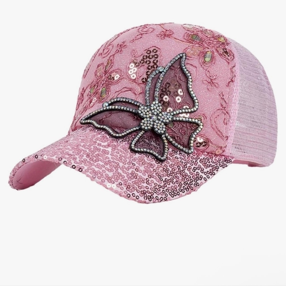 New 3D Butterfly Breathable Women’s Pink Sequin Rhinestone Baseball Cap